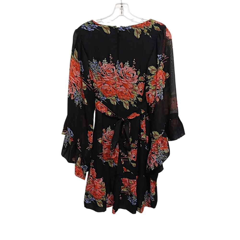 Betsy Johnson Floral Mini Dress Sz 4 Black Pink Babydoll Bell Sleeves Whimsigoth - Picture 9 of 16
